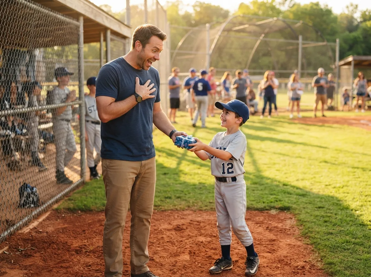 Father reacting with joyful surprise to a Father's Day gift on a baseball field.