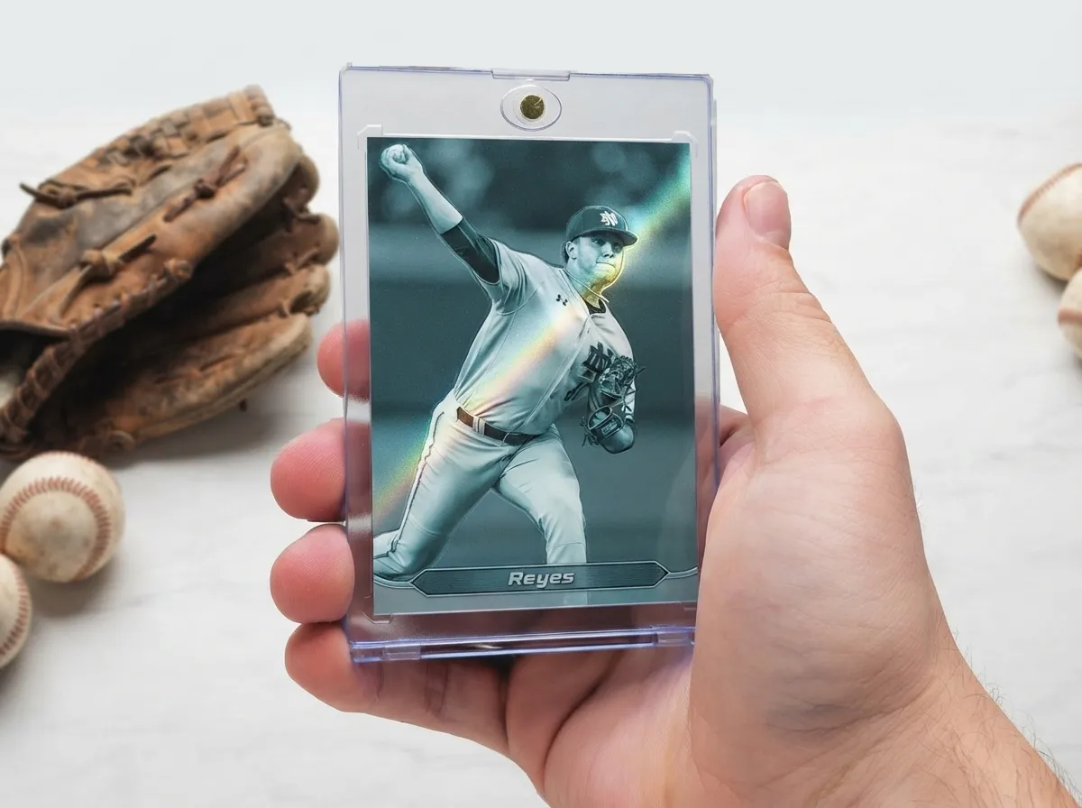 Custom baseball trading card in magnetic case showing chrome pitcher design.