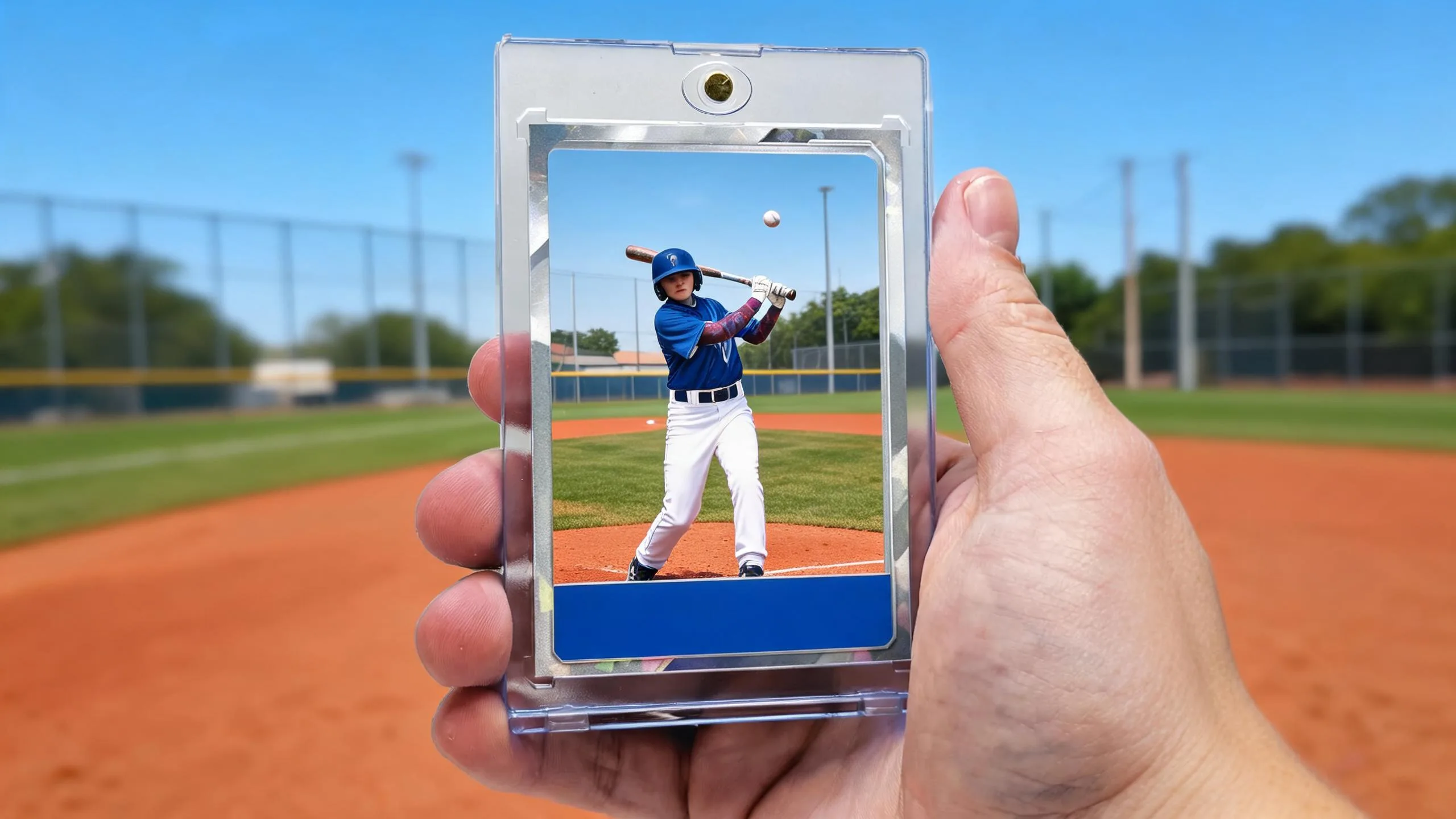 Custom baseball card maker case held in hand, sunny diamond backdrop, blank premium card design.