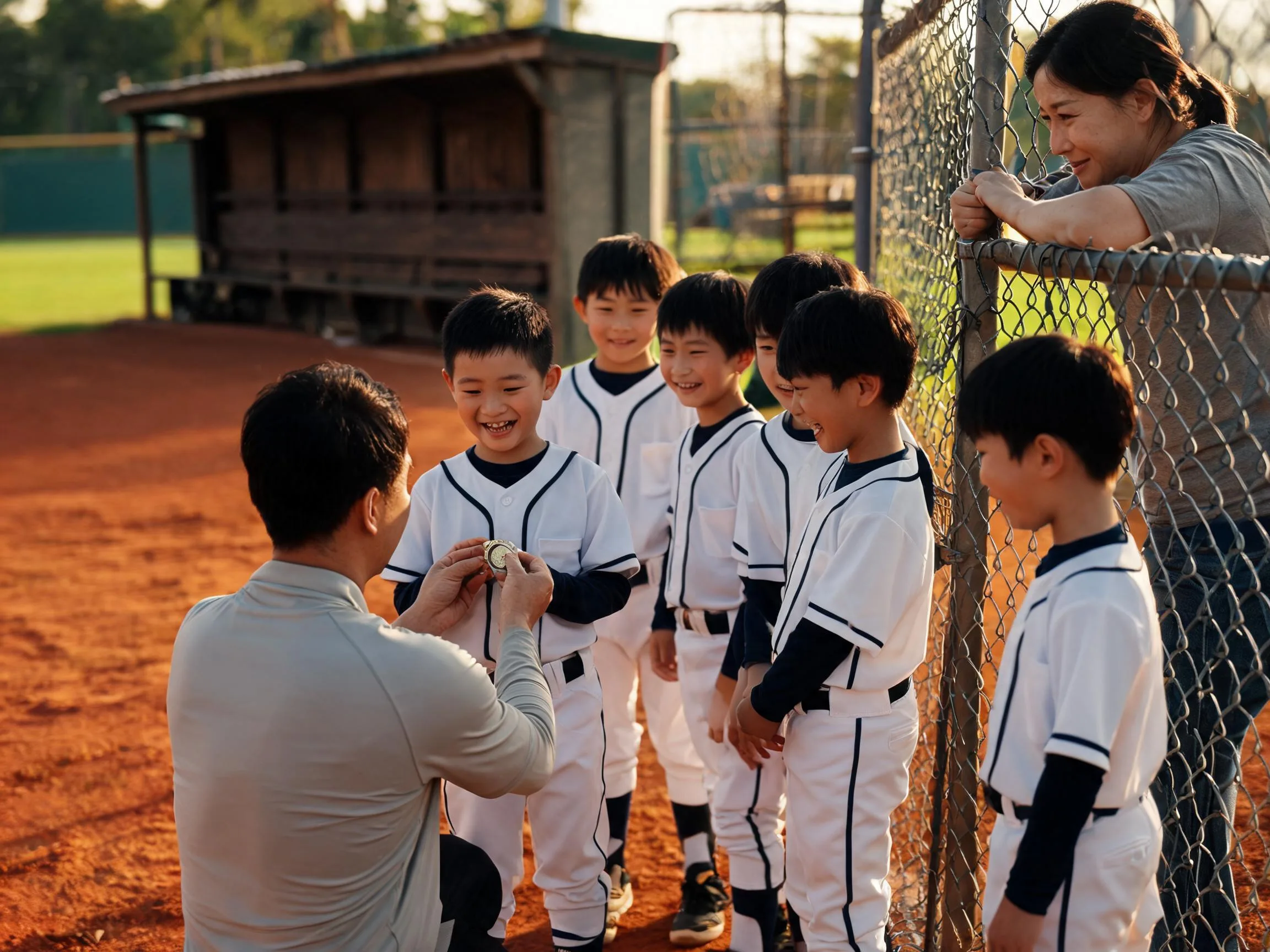 Coach and young baseball player share proud emotional moment on sunlit field.