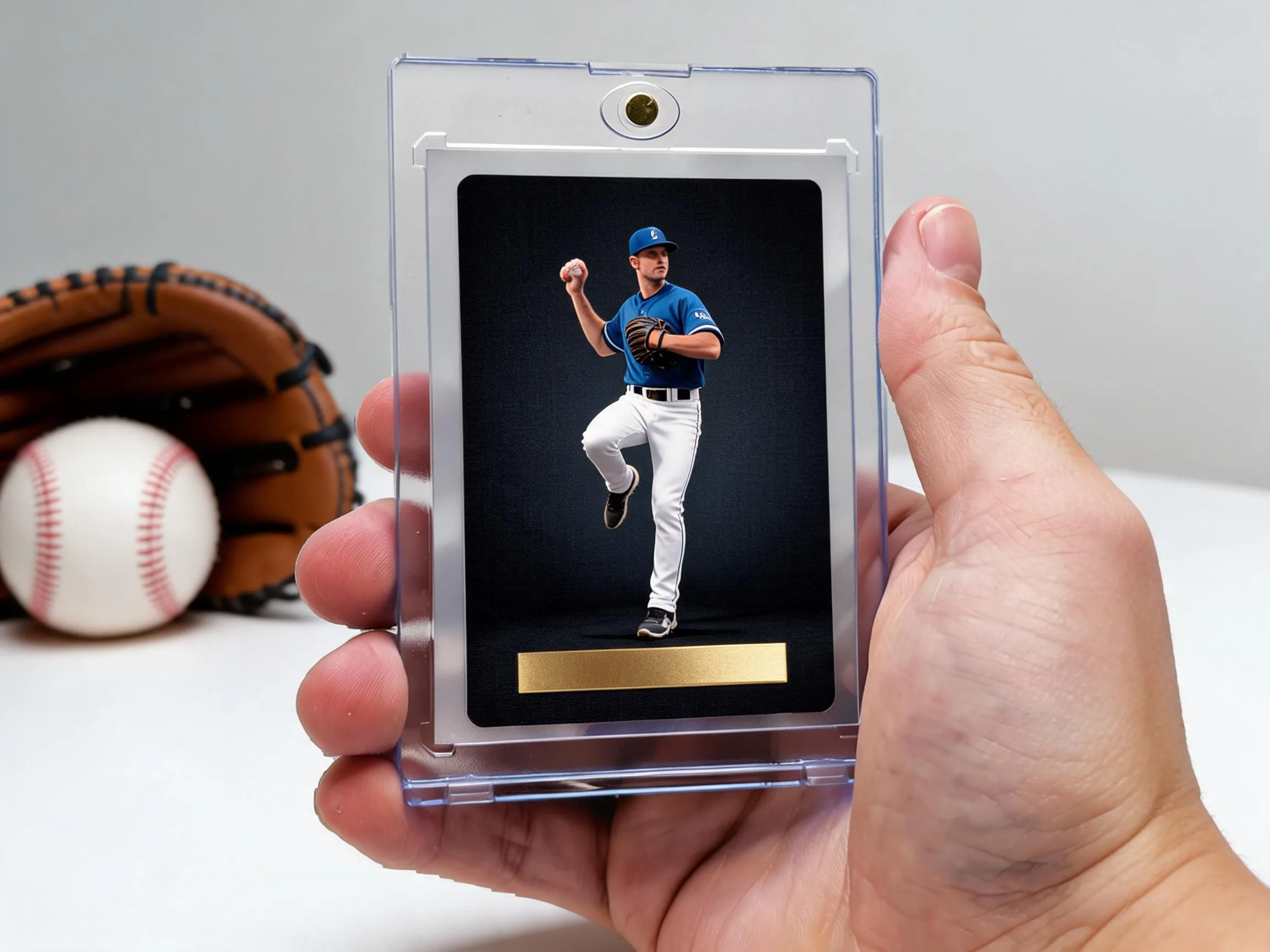 Custom baseball trading card in magnetic case, dark foil design, tabletop product photo.