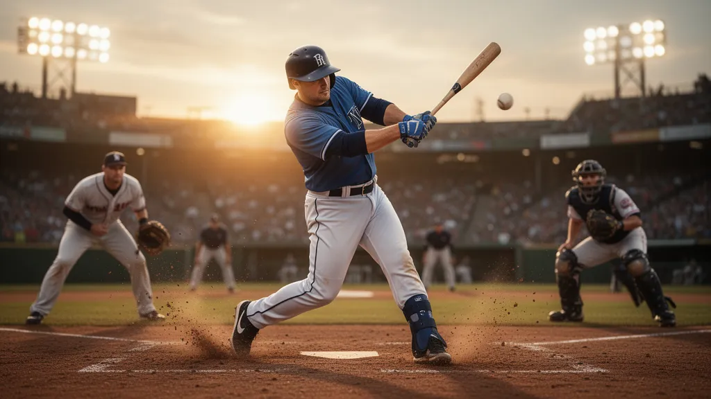 Baseball player swinging bat during game with ball in flight and fielders in background