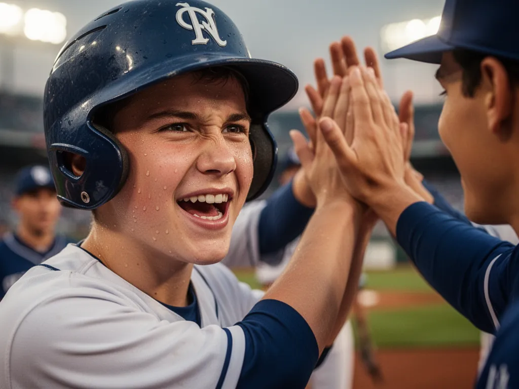 Young player celebrating with teammate after successful hit, showing emotion and joy