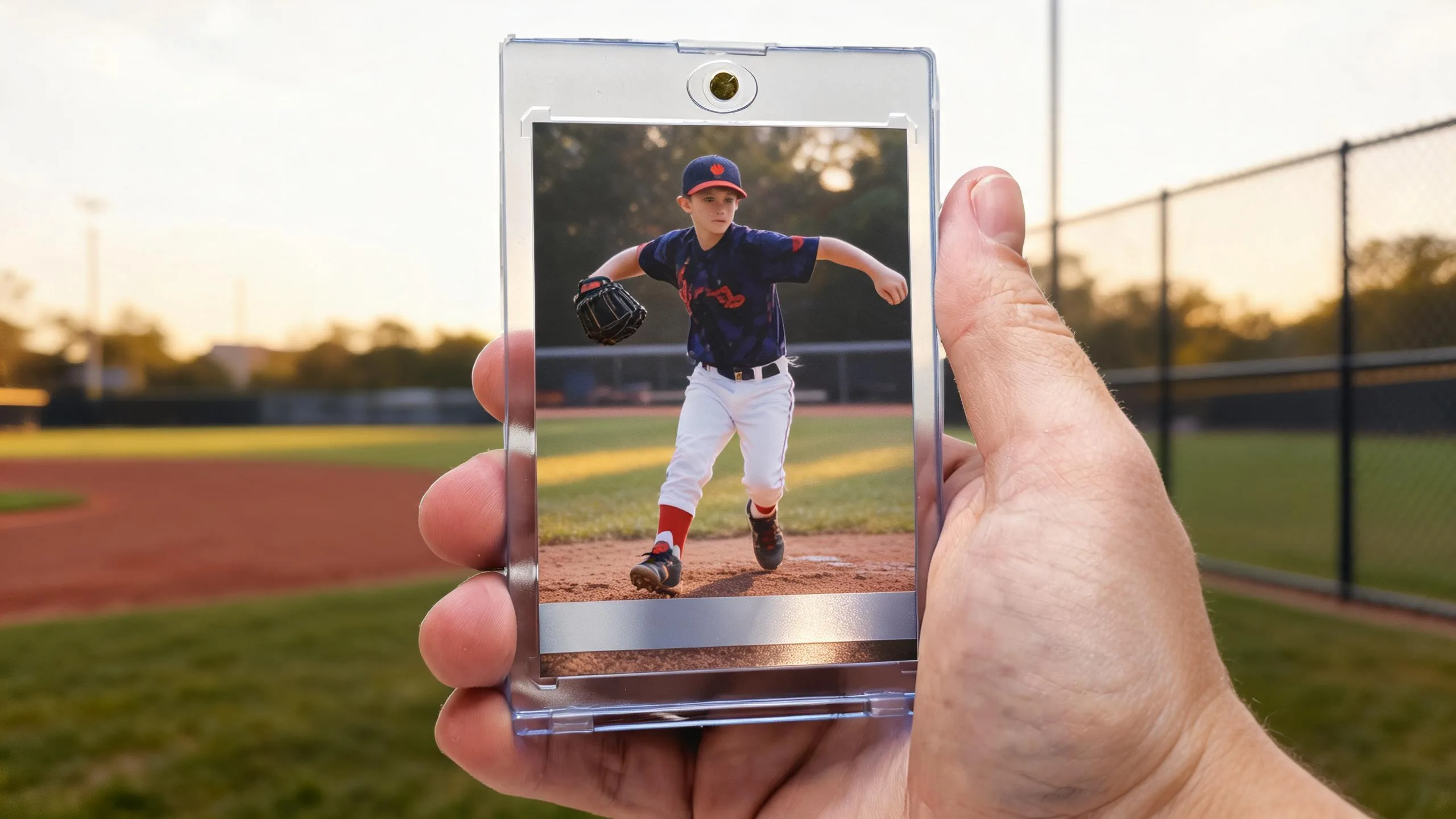 Custom baseball card printing shown in hand-held magnetic case with sunlit diamond backdrop.