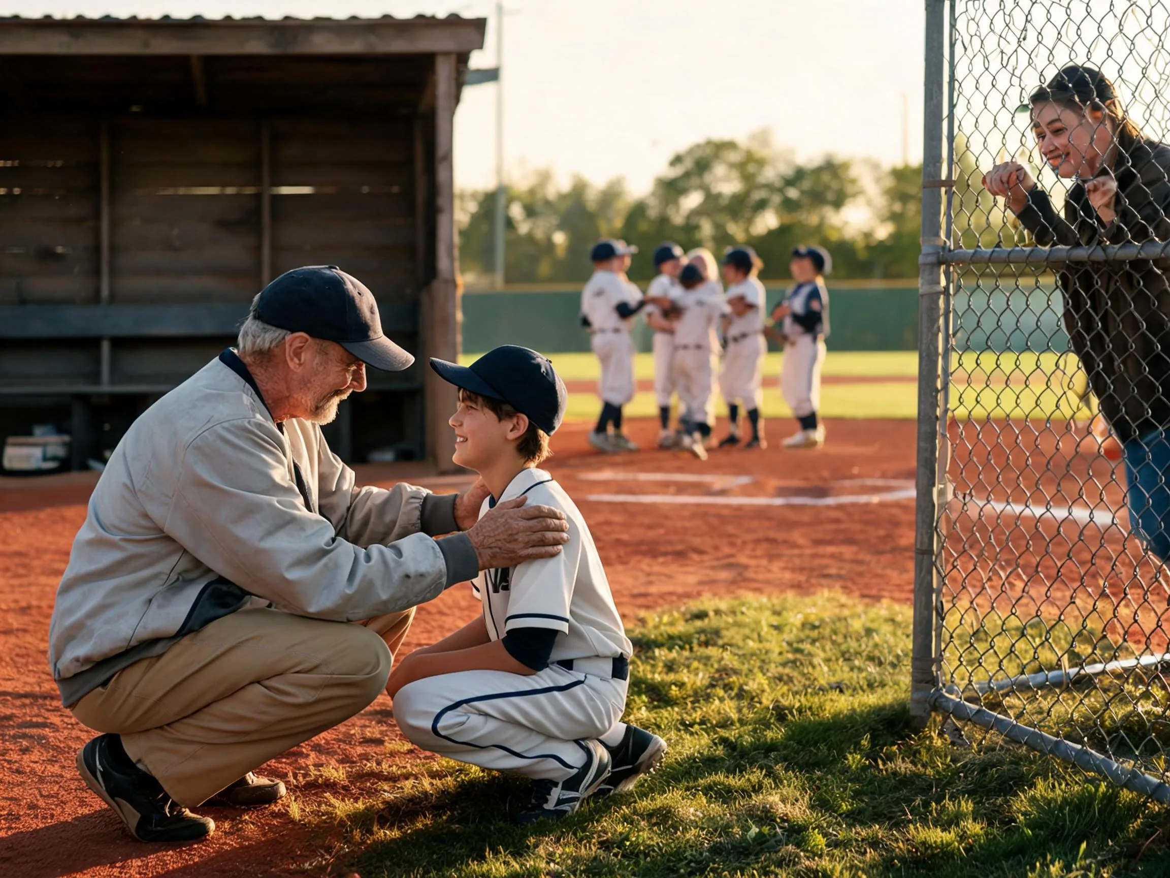 Coach and young athlete share a proud moment on a sunlit baseball diamond.