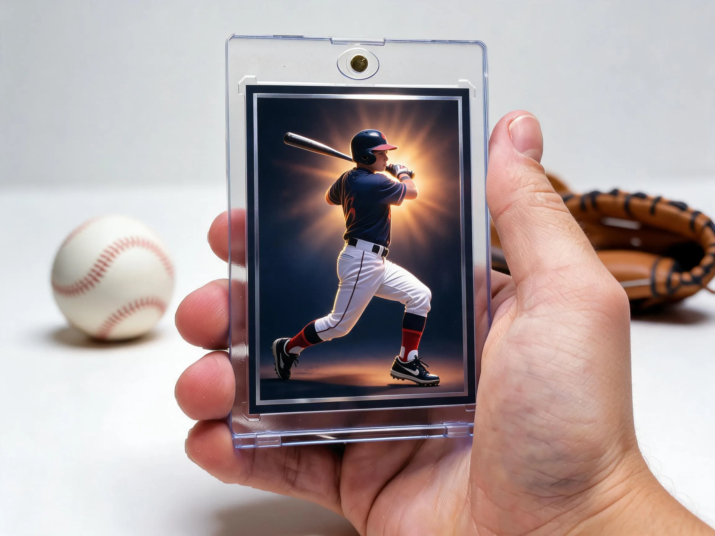 Custom baseball trading card in magnetic case displayed on white tabletop shelf.