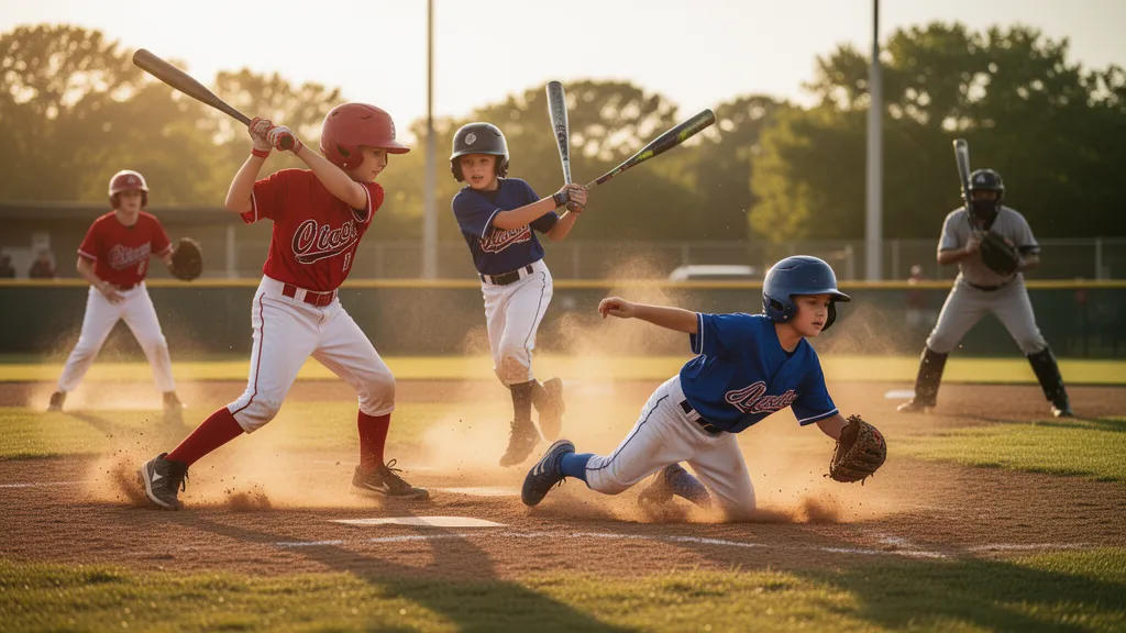 Baseball players in action during game with dynamic motion and natural outdoor lighting