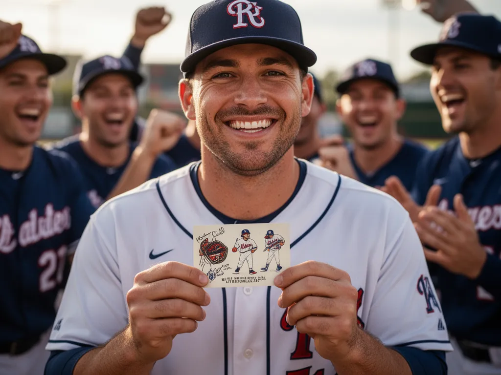 Young baseball player proudly displaying custom card with teammates celebrating in background
