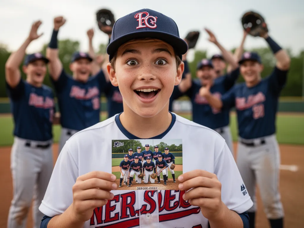 Close-up of premium custom baseball card showing player name position and team stats