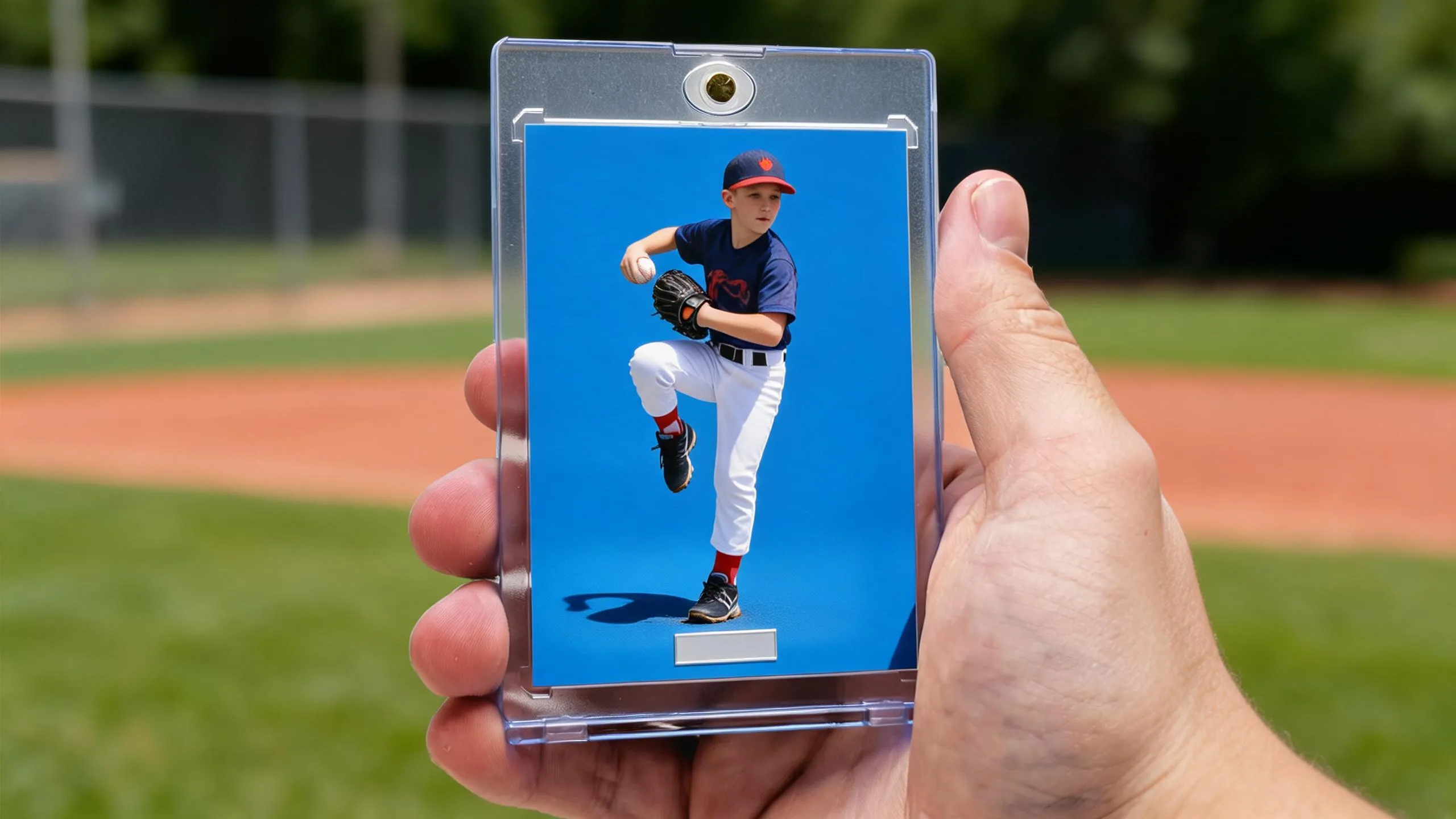 Hand holding custom baseball cards holographic case with pitcher card in acrylic magnetic holder.