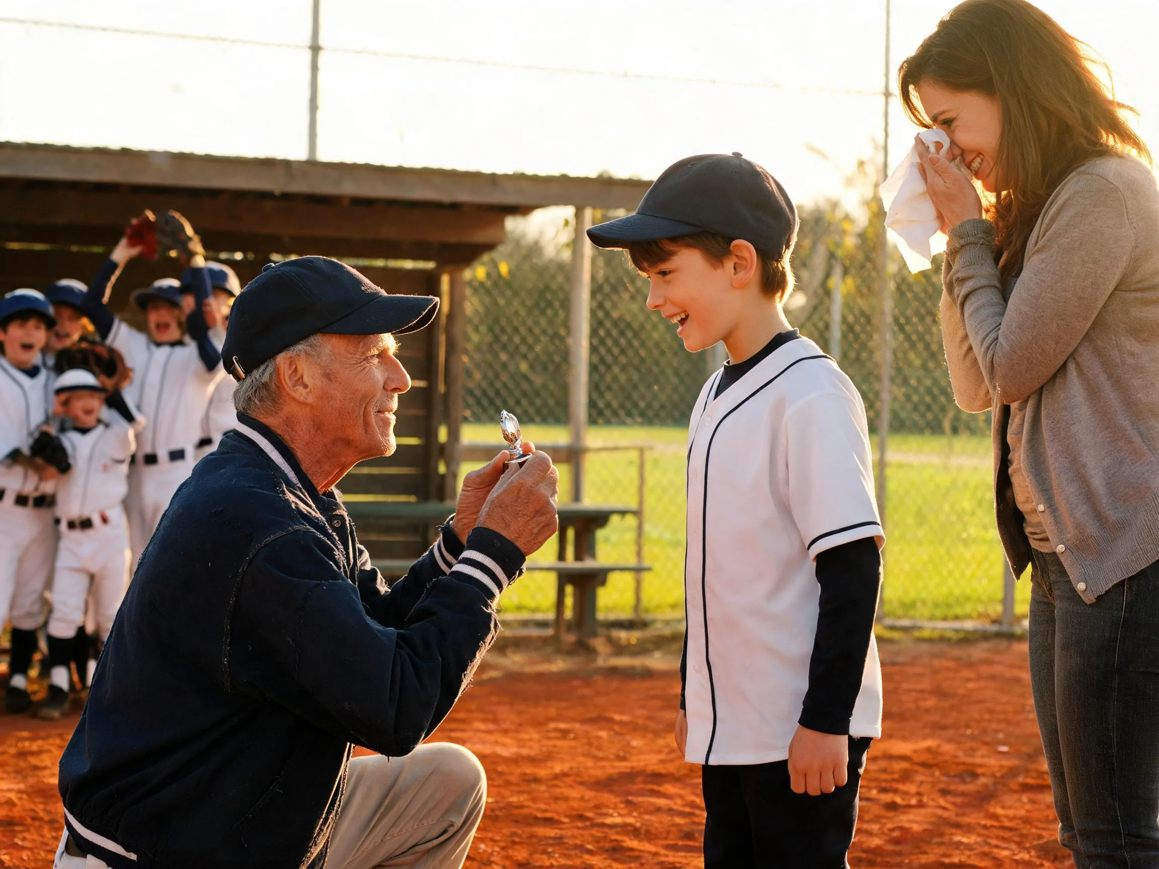Coach and young athlete share proud emotional moment on sunlit baseball diamond together.