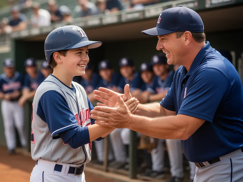 Coach congratulating young baseball player with genuine celebration and team support