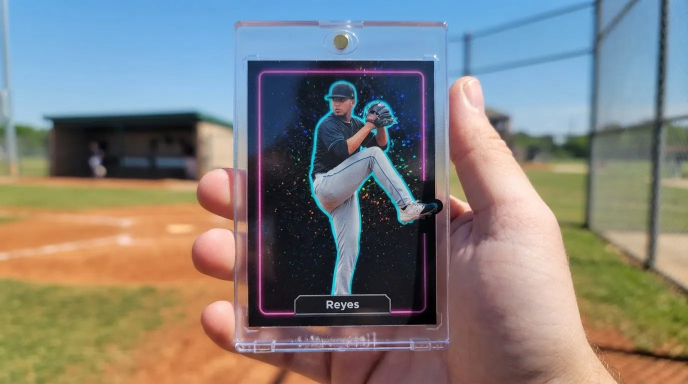Hand holds custom baseball cards printed in a magnetic case, pitcher card lit with neon rim light.