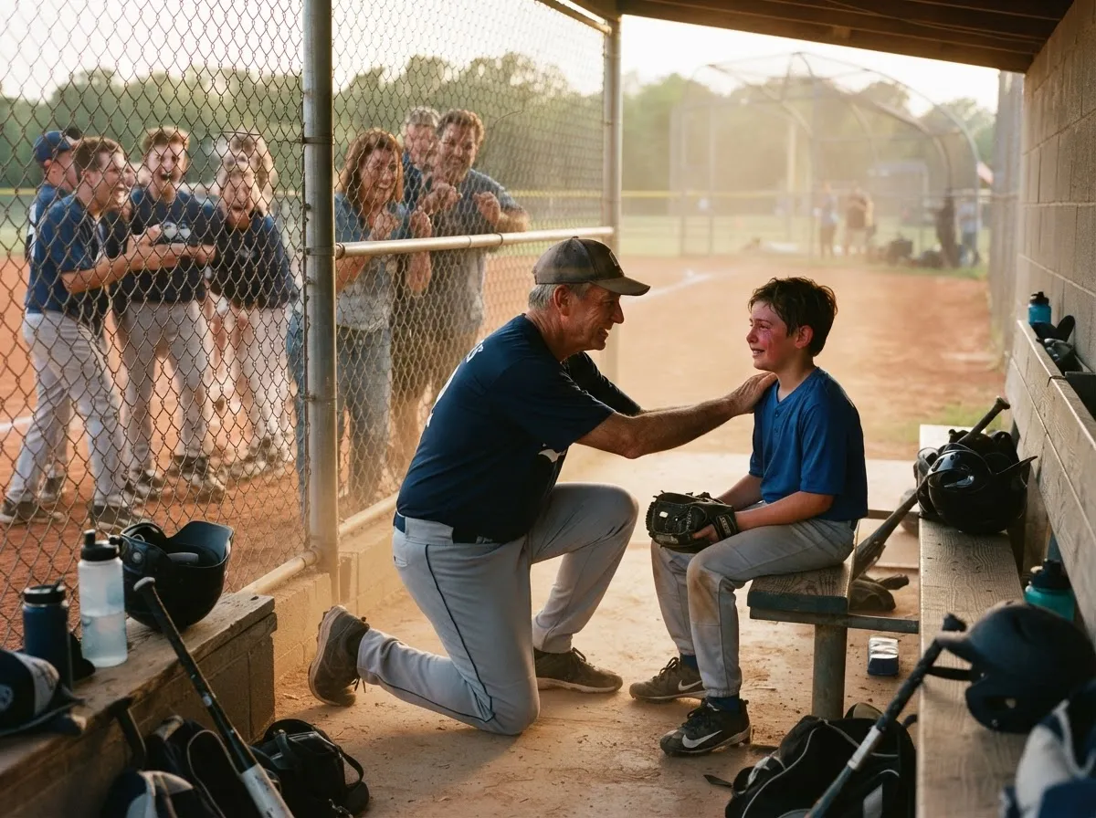 Coach comforts young baseball player in dugout as parents watch proudly nearby.