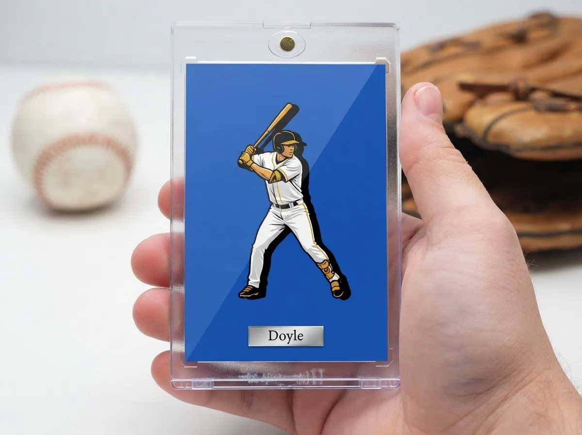 Custom baseball trading card in magnetic case, batter on bold blue editorial background.