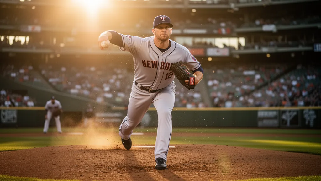 Baseball pitcher throwing ball mid-game with intense athletic focus and motion.