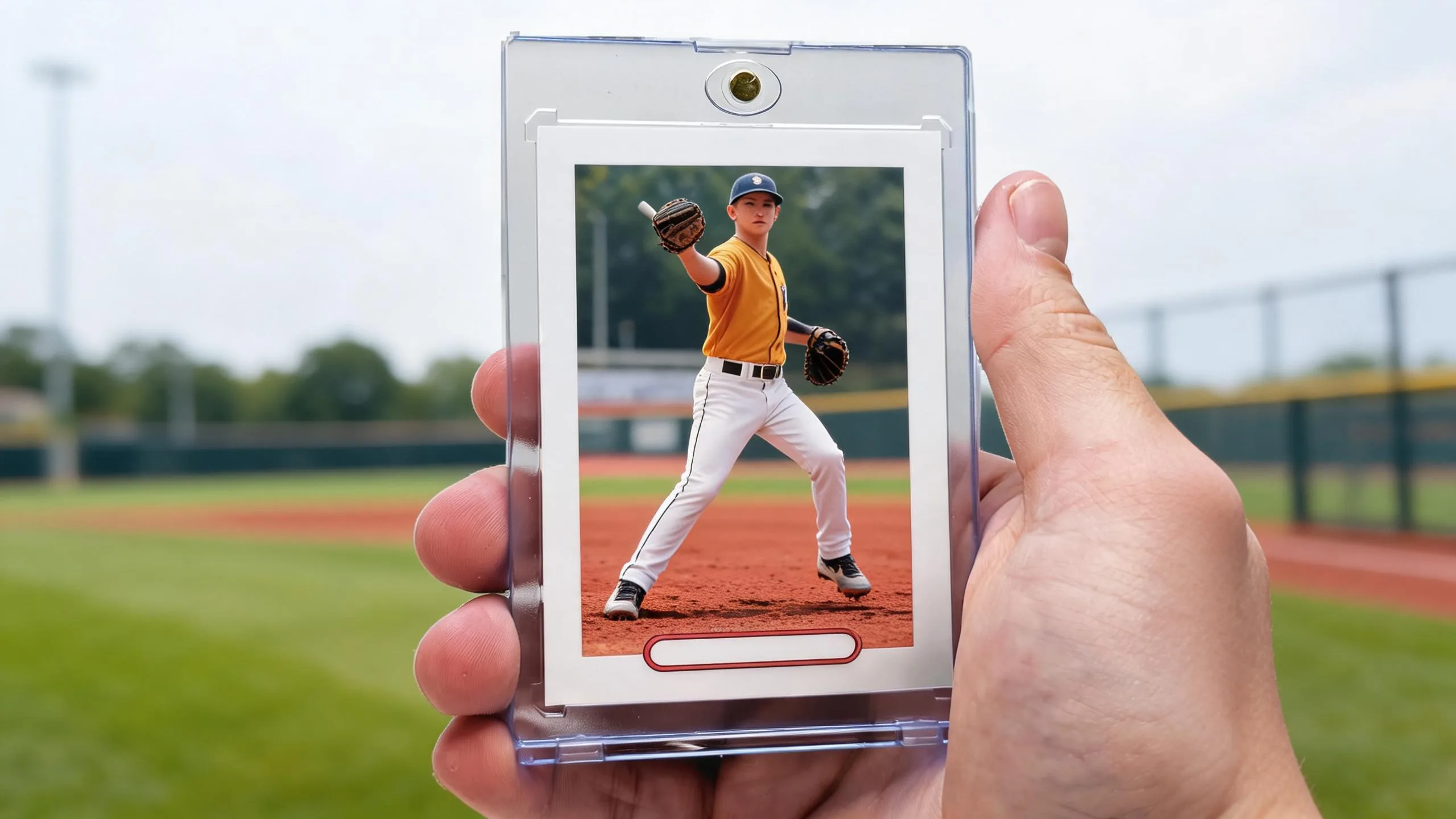 Hand holds magnetic case with custom baseball cards topps style player card, sunlit diamond background.