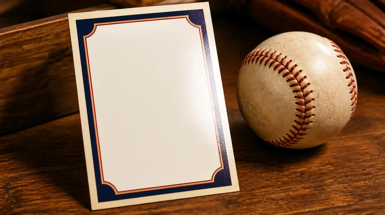 A blank baseball trading card with a classic vintage frame beside a baseball