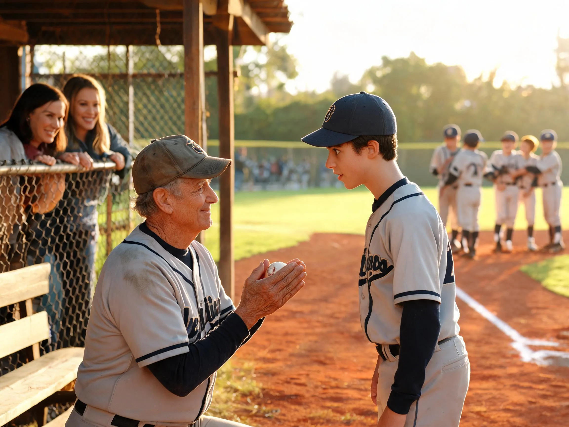 Coach and young baseball player share proud moment near sunlit dugout and field.