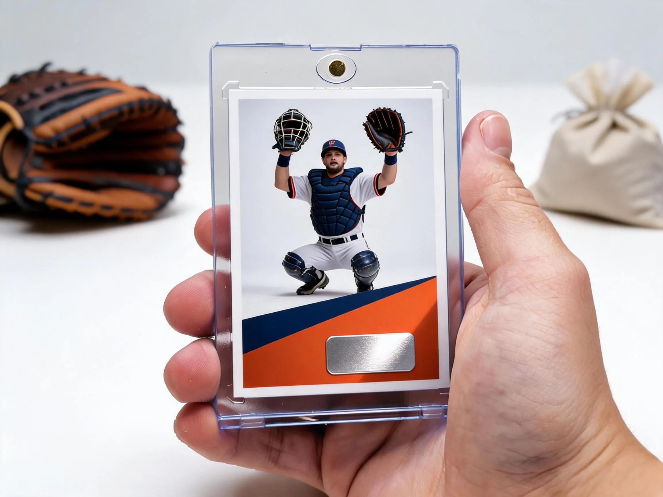 Custom baseball trading card in magnetic case, diagonal metal band design, catcher pose artwork.