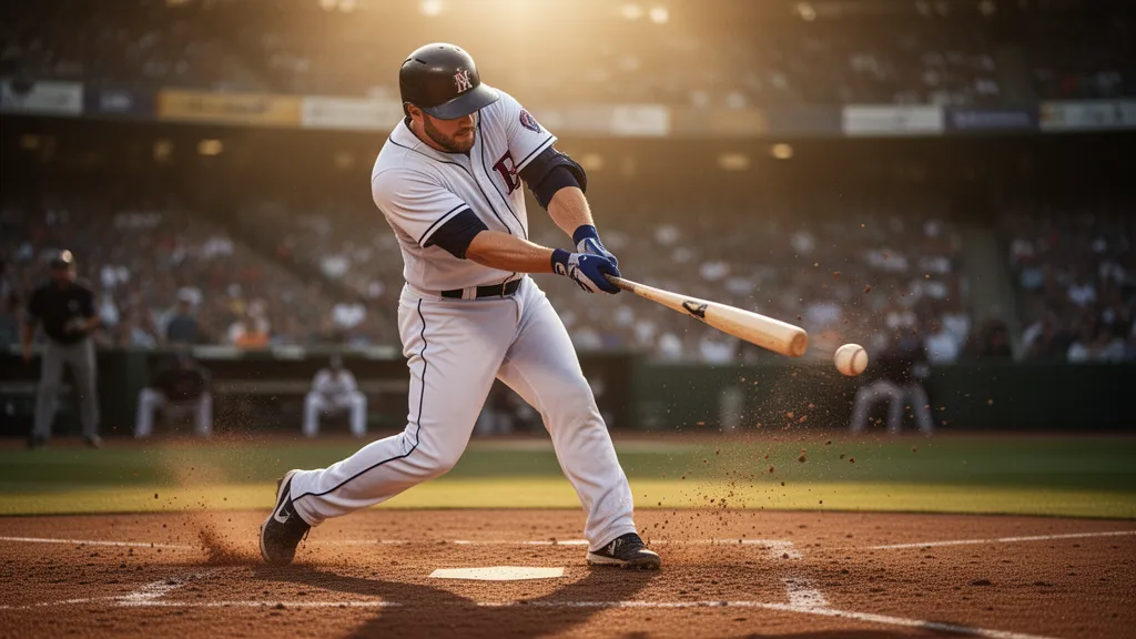 Baseball player swinging bat during game with dirt particles flying in stadium setting