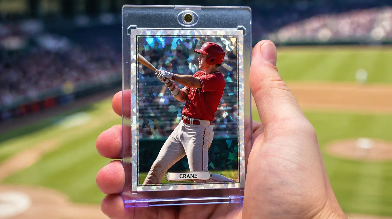 Custom baseball cards held in hand inside a one-touch magnetic display case