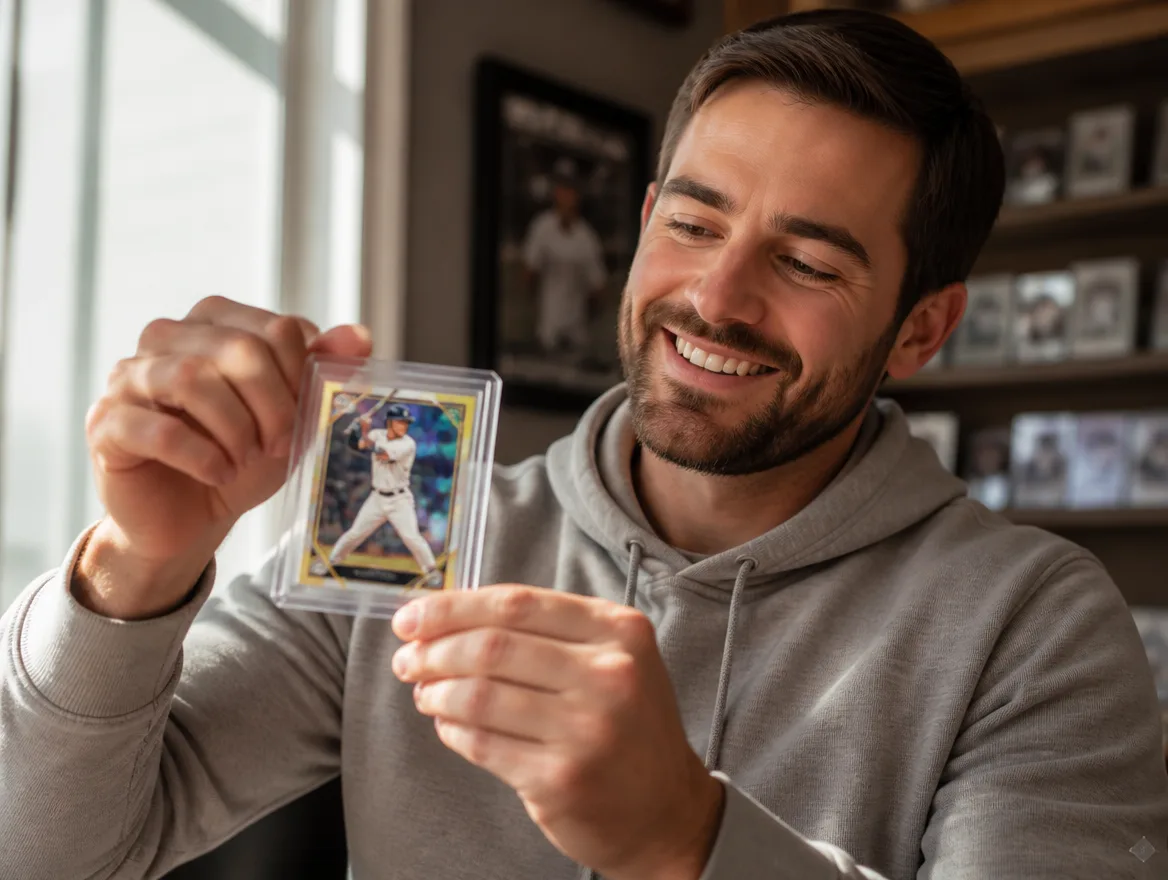 Happy fan holding a custom baseball card in a protective magnetic case