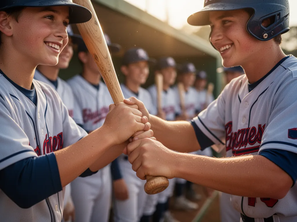 Young player holding baseball bat with teammates visible in dugout background