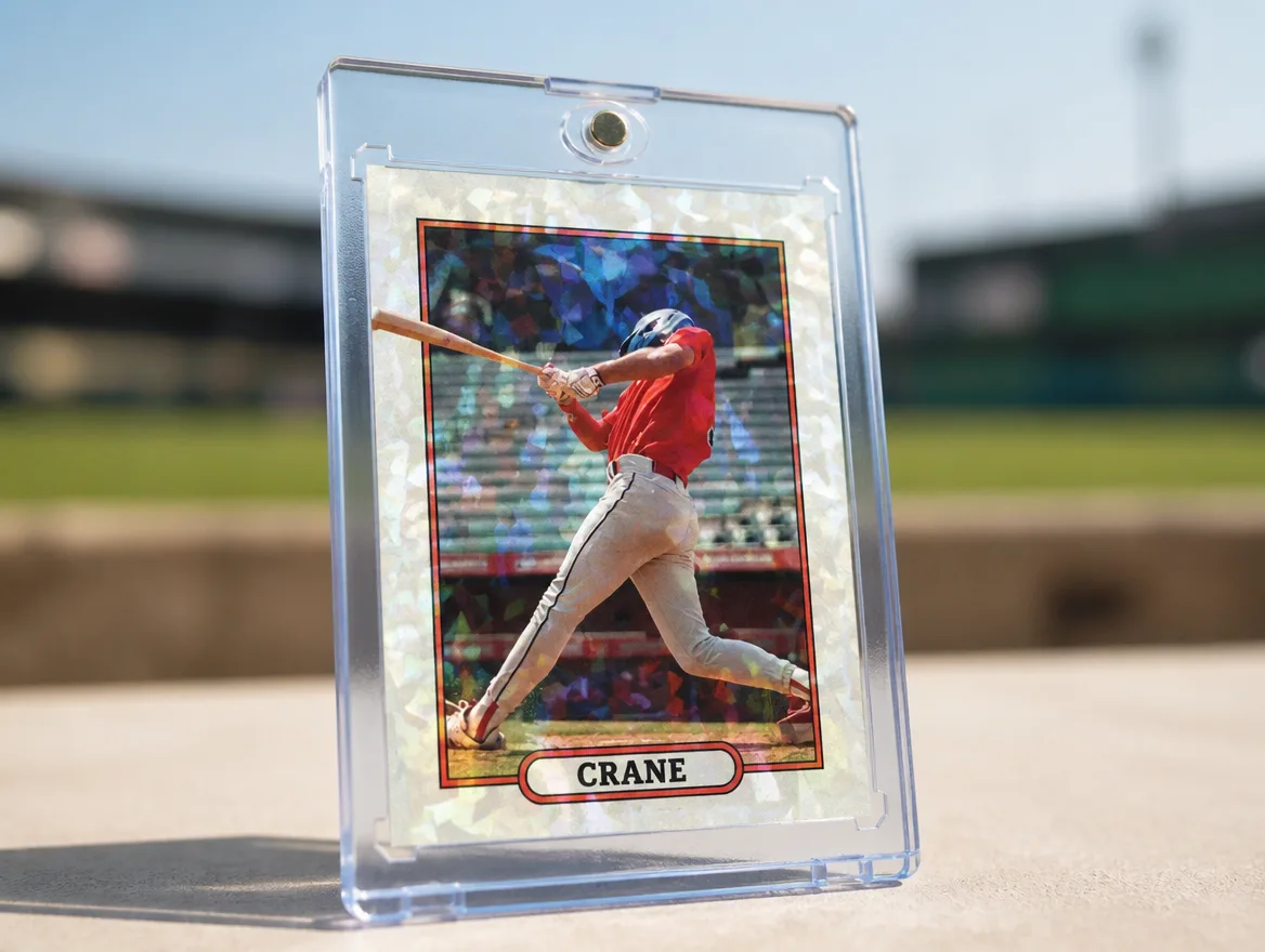 Custom baseball card standing upright in a clear magnetic display case