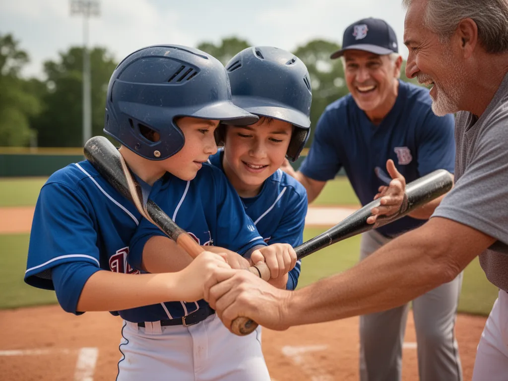 Young baseball player holding bat with coach encouraging in background during game preparation moment