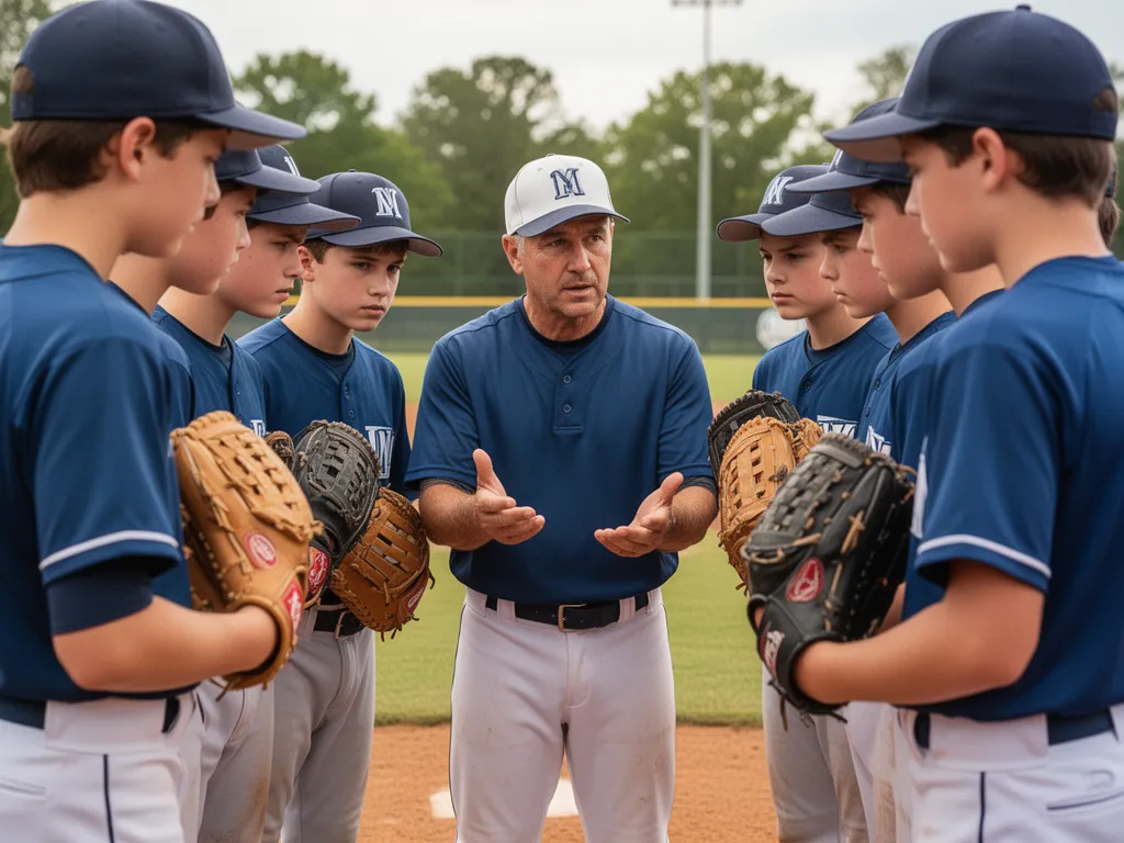 Youth baseball team gathered in huddle with coach discussing game strategy outdoors