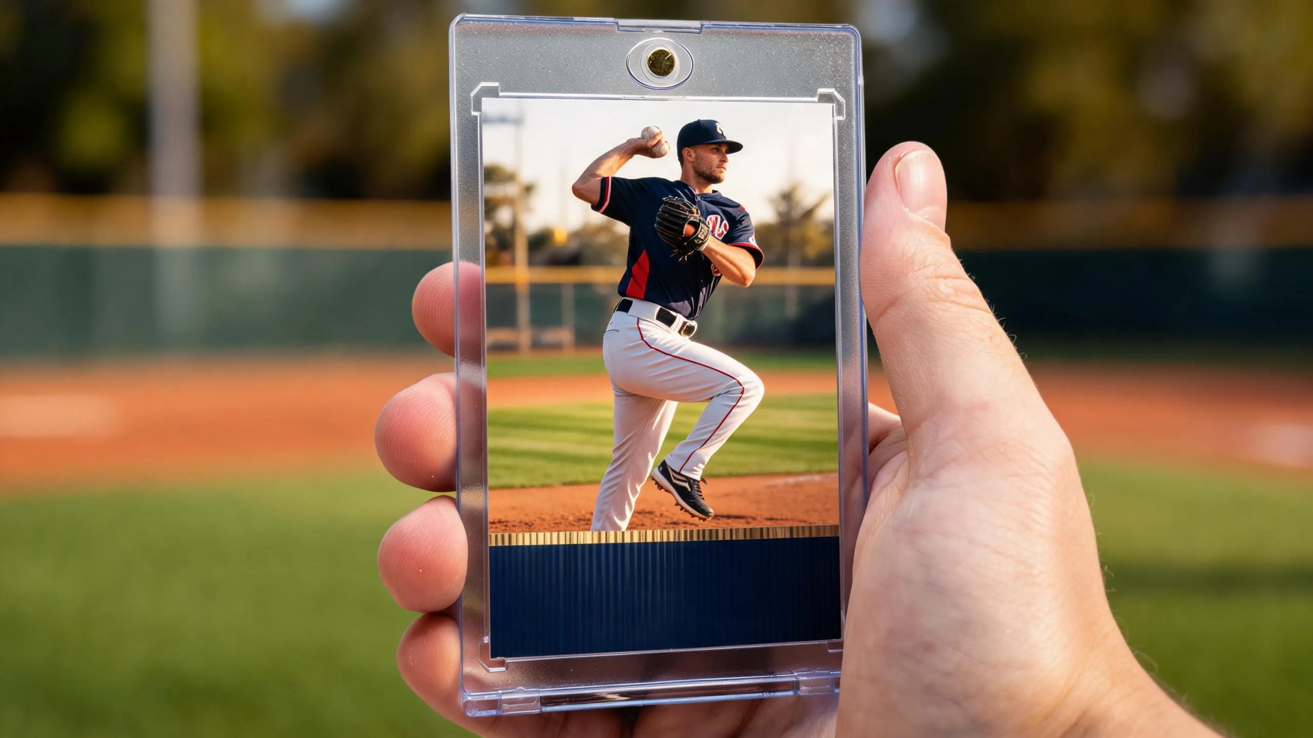 Hand holding custom baseball trading cards in a magnetic case, pitcher mid-windup design, golden-hour diamond background.