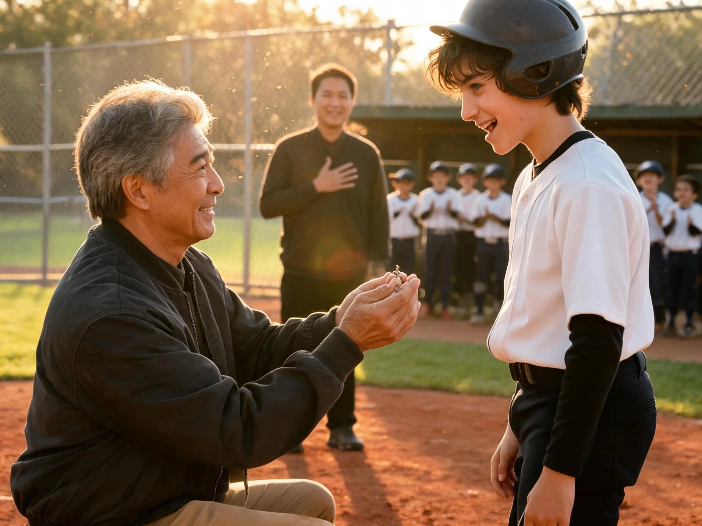 Coach and young athlete share a proud emotional moment on a sunlit baseball diamond.