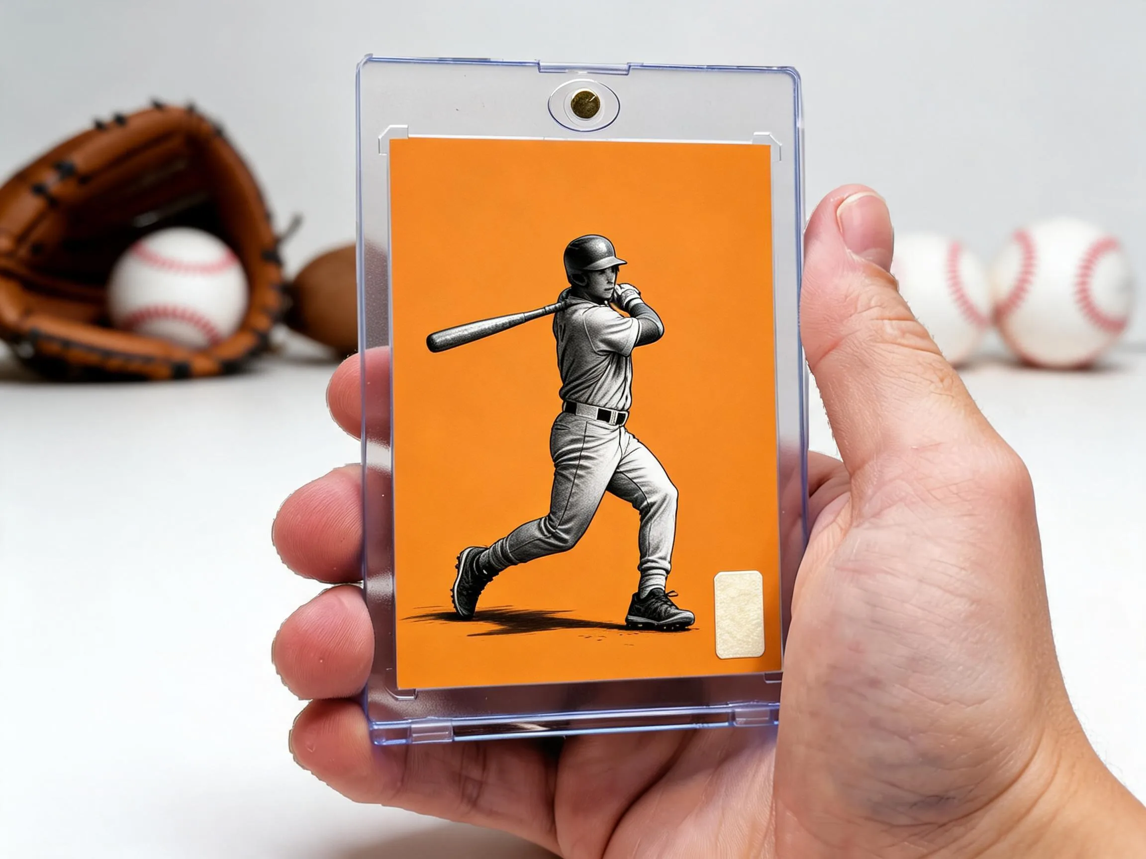 Custom baseball trading card in a magnetic case, batter mid-swing on orange editorial design.