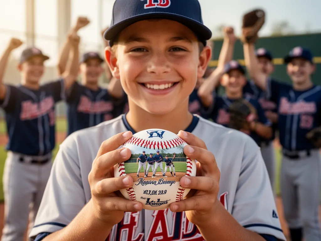 Young player smiling while holding personalized photo baseball with teammates celebrating behind