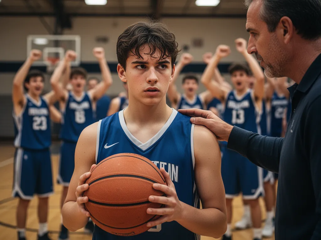 [Young basketball player receiving coaching encouragement with focused determination]