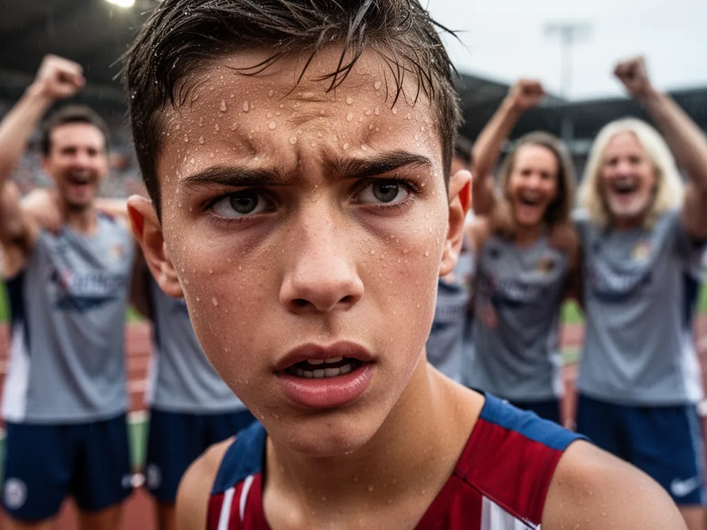 Young athlete's determined expression during competition with celebrating teammates blurred in background
