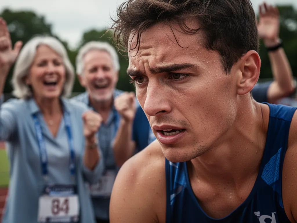 [Athlete's determined expression during competition with supportive family members visible in background]