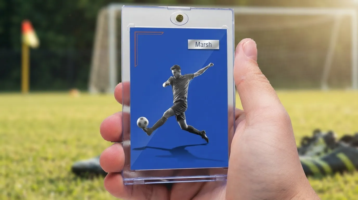 Hand holding custom card fc mobile trading card in magnetic case, blue editorial soccer design.