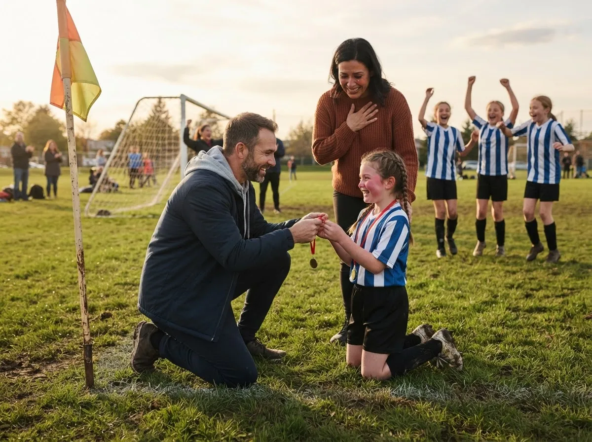 Coach and proud parent share emotional moment with young soccer player after game.