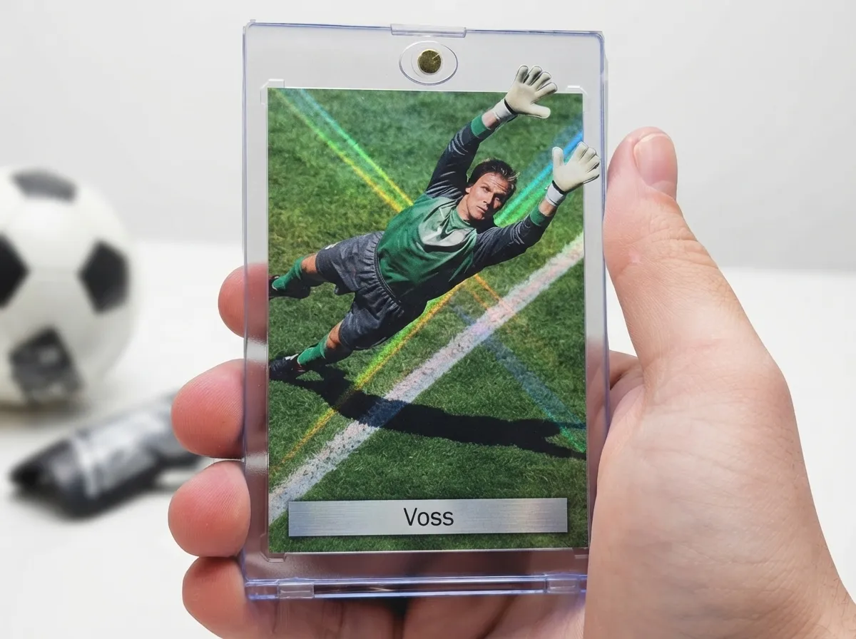 Custom soccer trading card in magnetic case showing diving goalkeeper with chrome finish.