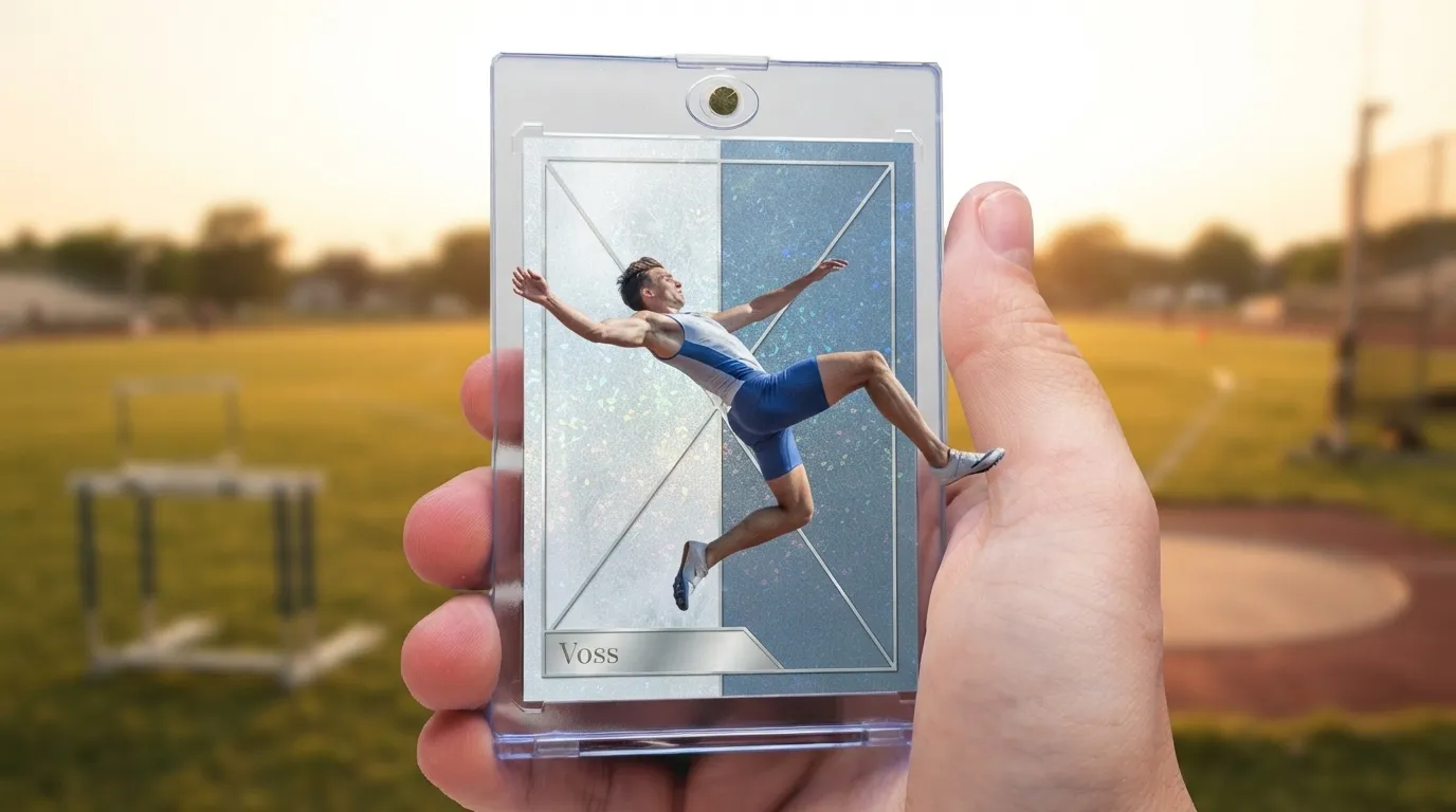 Hand holding custom card maker trading card in clear magnetic case, silver-blue refractor design.