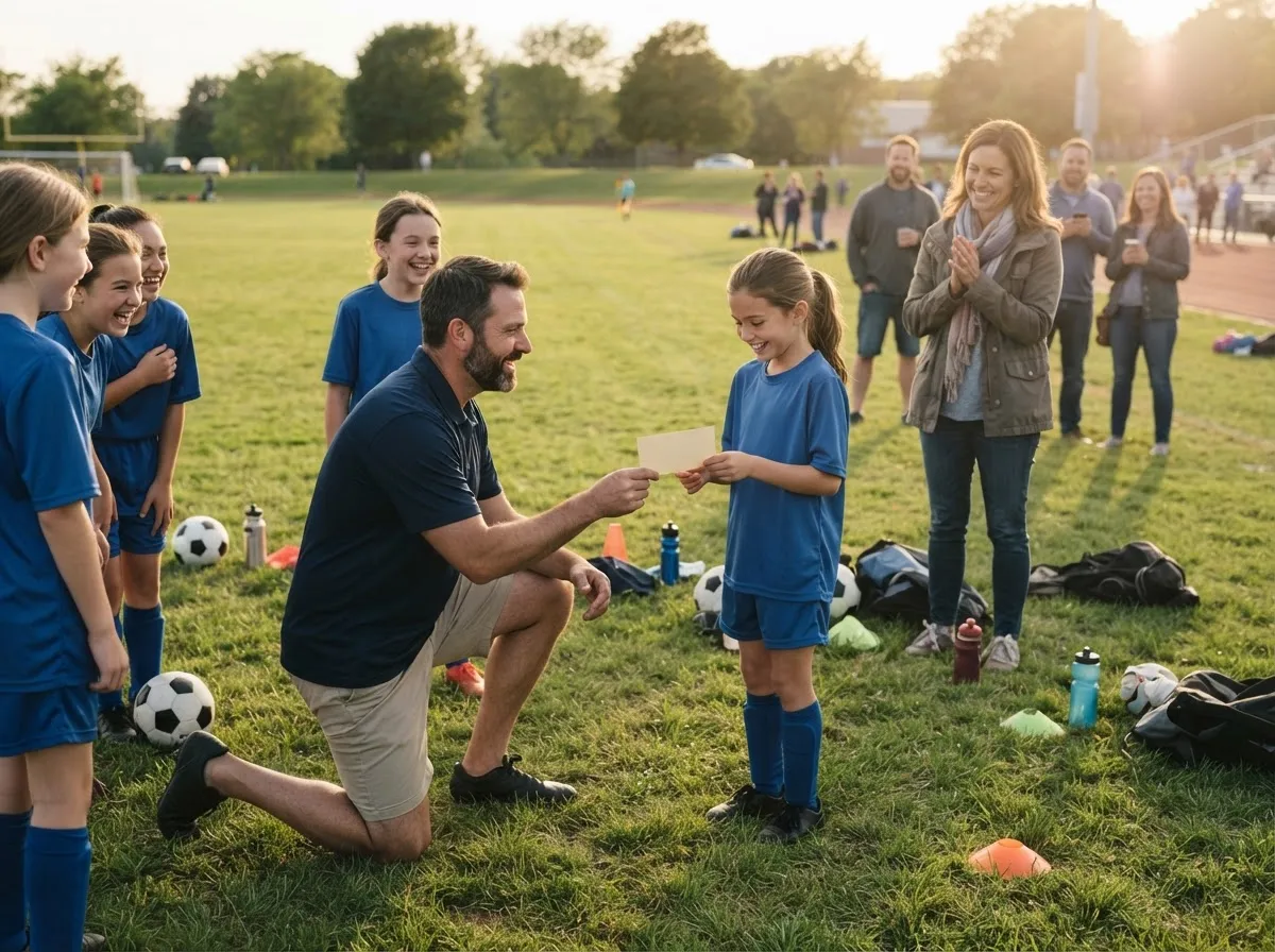 Coach and young athlete share a proud smile during an outdoor team celebration moment.