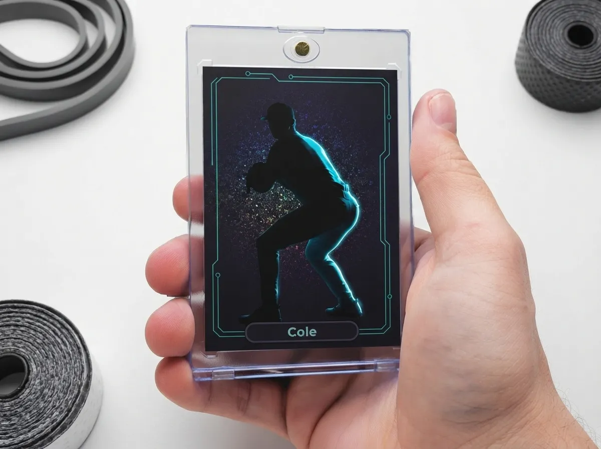 Custom sports trading card in magnetic case, dark neon-lit design held in hand.