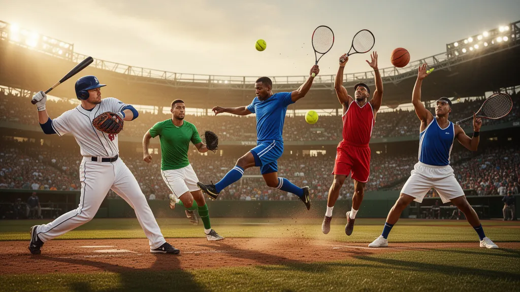 Multiple athletes from different sports captured in dynamic action poses outdoors with natural lighting.