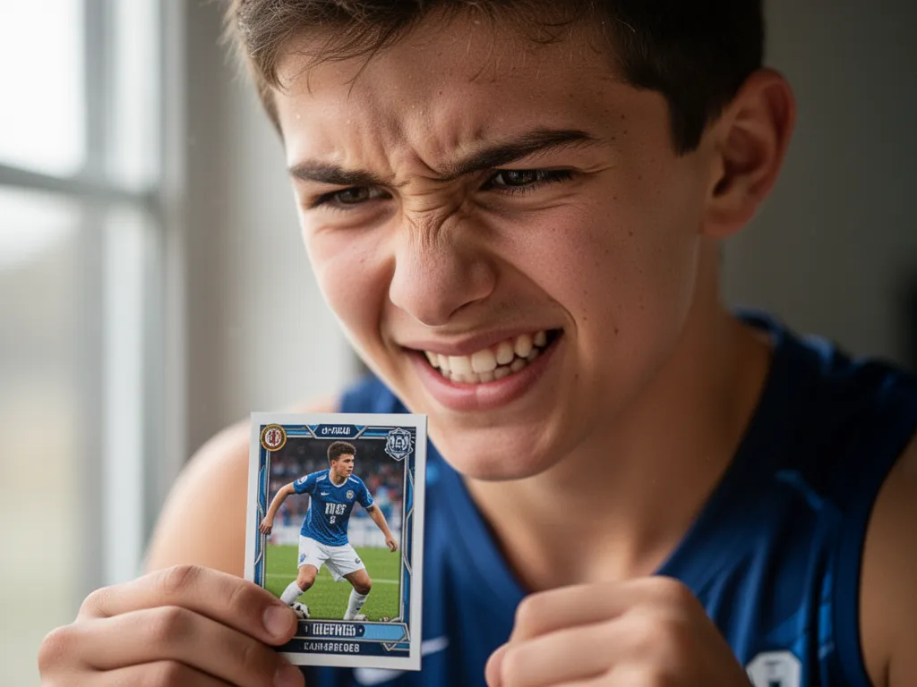 Young athlete's emotional close-up holding their personalized custom sports card with pride and concentration.