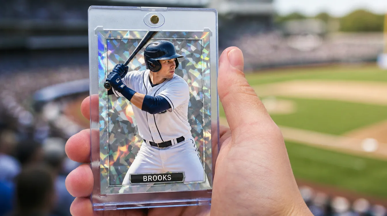 Custom holographic sports card held in a one-touch magnetic display case