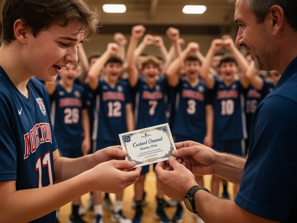 Young athlete's face shows joy receiving custom card from coach with teammates celebrating behind