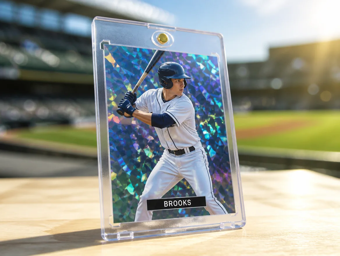 Custom cards displayed upright in a premium clear magnetic case