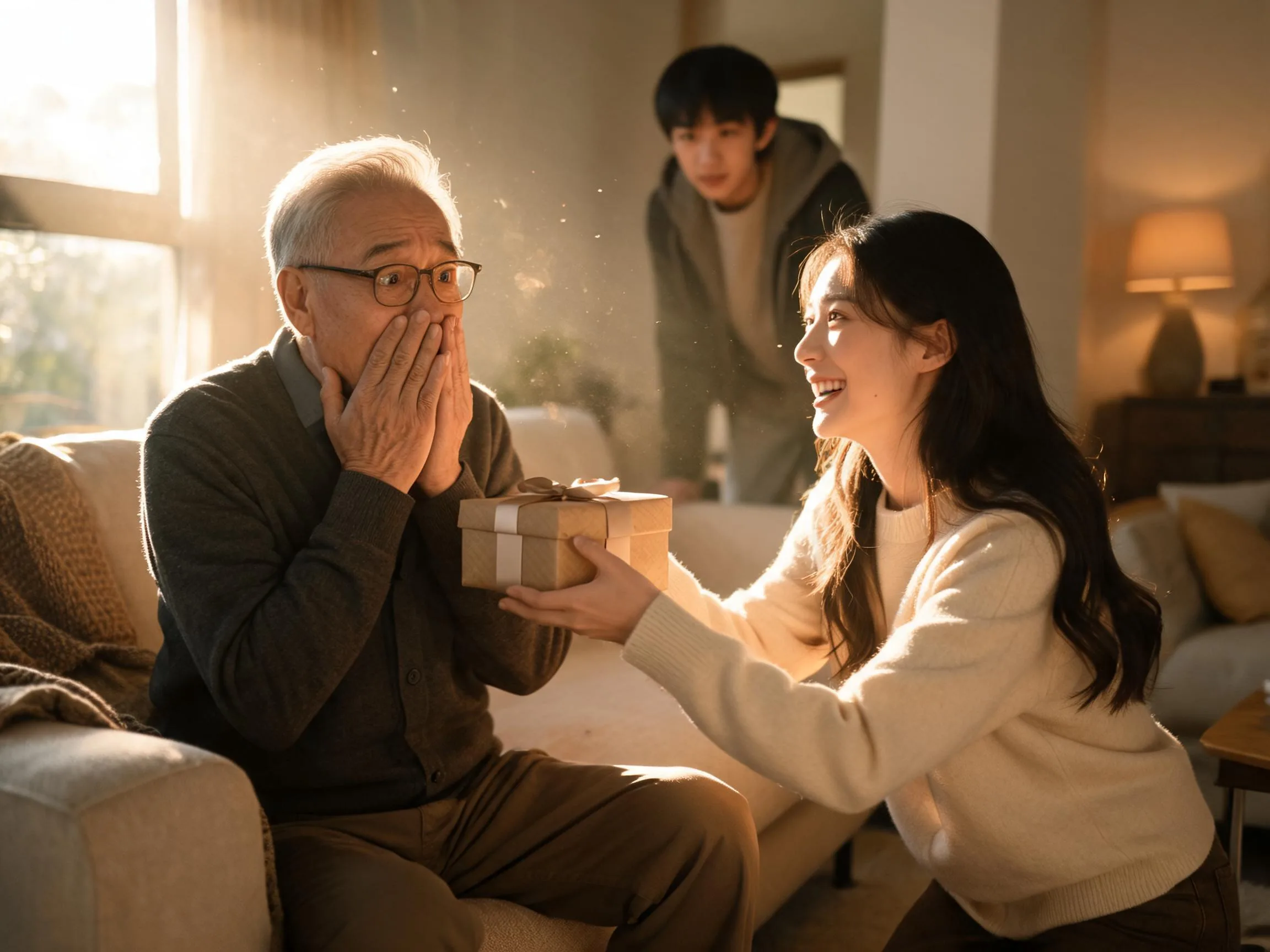 Older man reacting with genuine surprise to an unexpected gift from family.